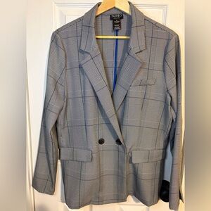 Soho Gray Plaid Double-Breasted Blazer with Blue Windowpane